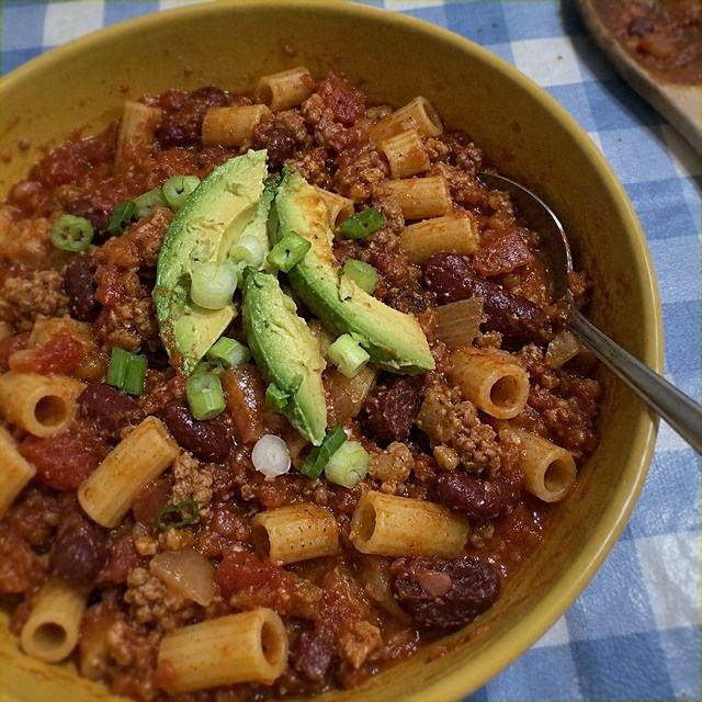 One-Pot Pork Chili Mac with Avocado
