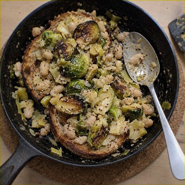 Brussels Sprout and Leek Toasts with White Beans